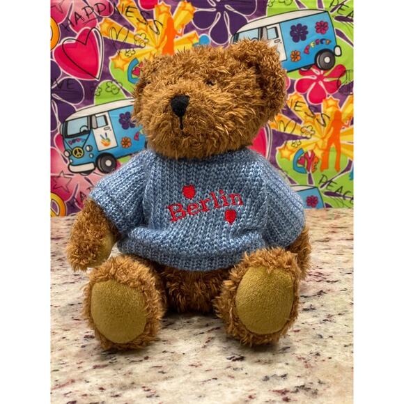 SunKid Berlin German Curly Brown Bear Blue Sweater 11" Jointed - Picture 1 of 5